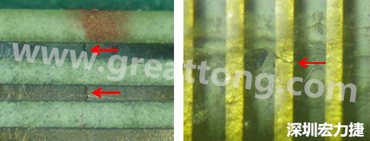 一旦找到確切的銅箔線路斷裂位置，如果還是無法觀察到斷裂的現象，就試著在顯微鏡下彎曲該位置的軟板，這樣就可以突顯并放大斷裂銅箔的開口了。 