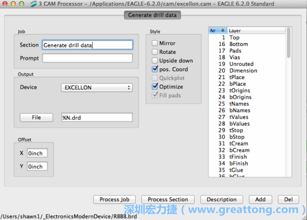 打開「excellon.cam」的工作項目并建立drill文件（副檔名為「.dri」和「.drd」），之后你只會用到「.drd」的文件檔；「.dri」的文件只是解釋用資料（所謂后設資料）而已。